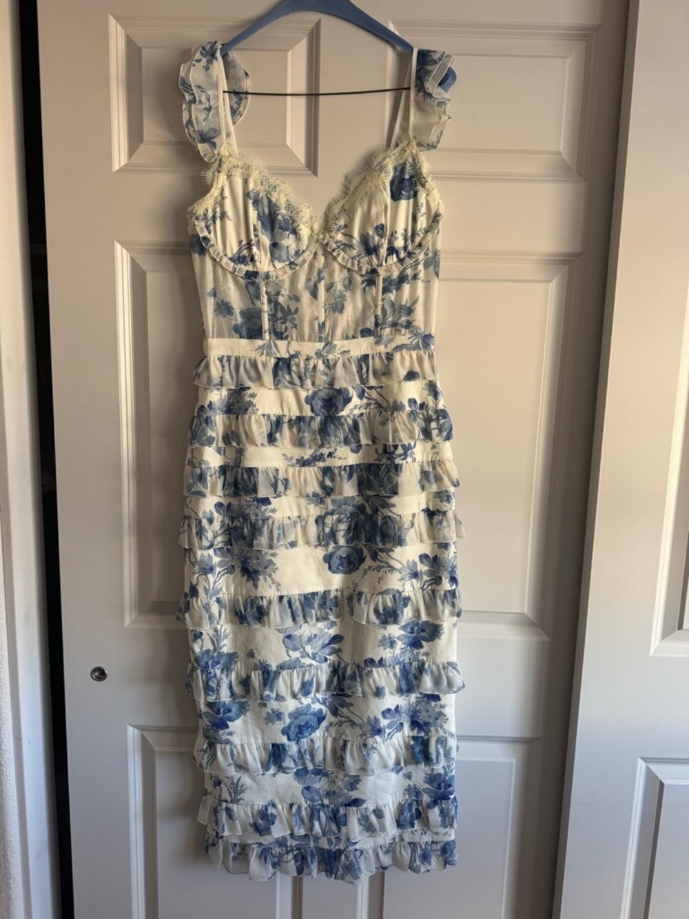 V. Chapman White and Provencal Blue Floral Ruffle Midi Dress - Picture 3 of 6
